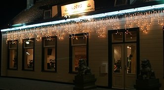 De voorkant van Lotus 's avonds, met de twee leeuwen bij de deur